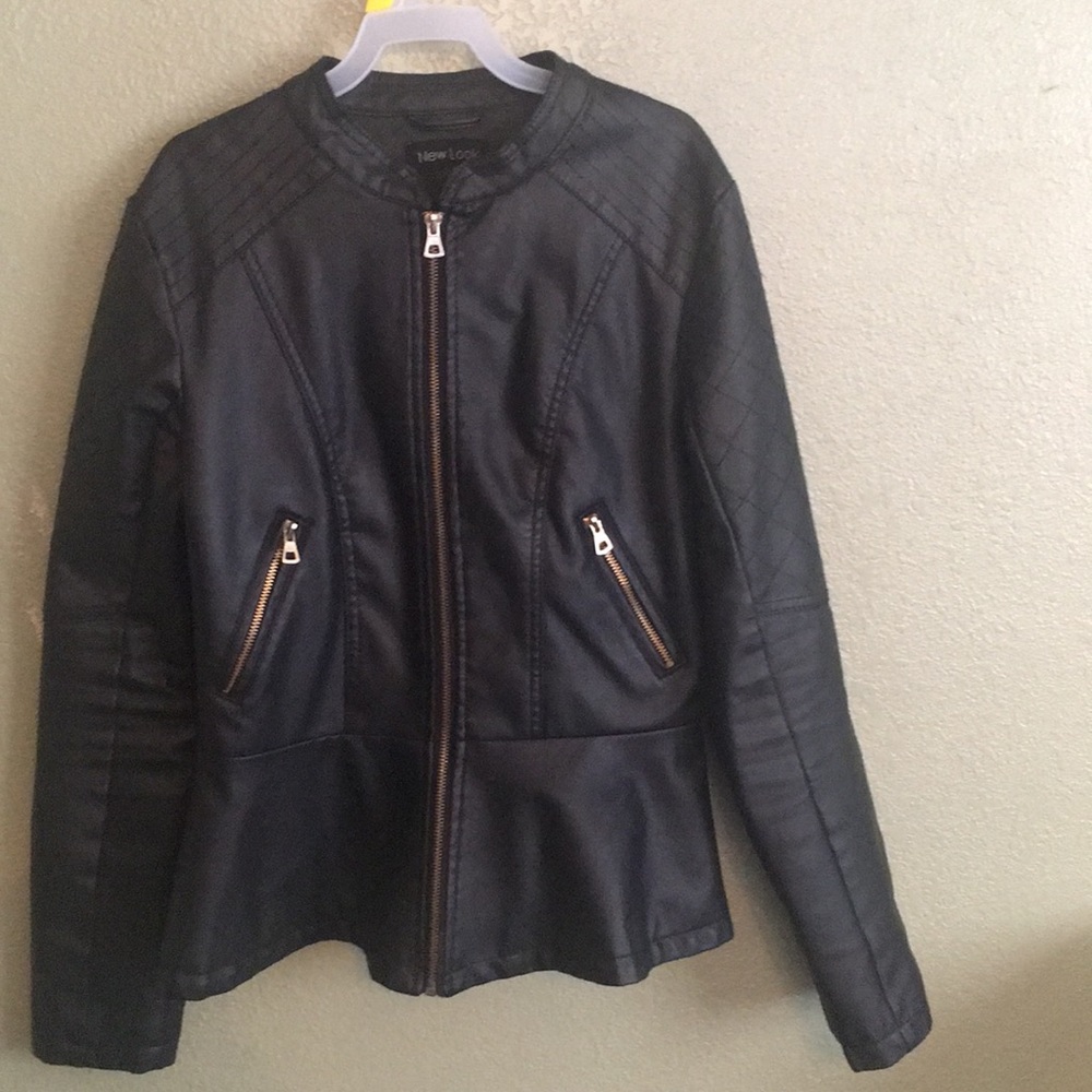 Black peplum faux leather jacket